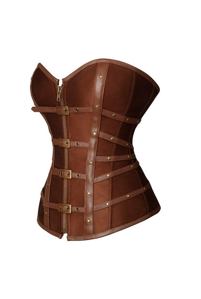 Brown Leather and Satin Buckle Corset with Zip Front