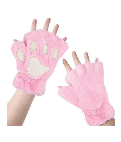 Pink Fluffy Cat Paw Gloves