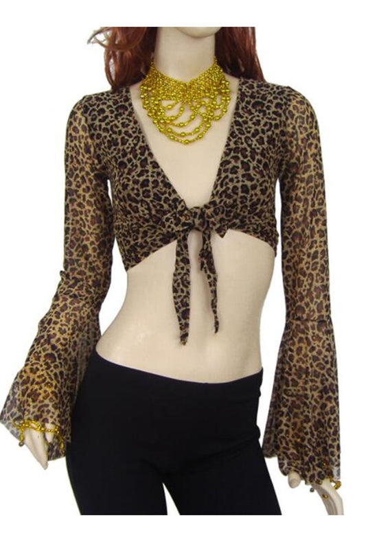 Leopard Bell Sleeve Tie-Up Crop Top