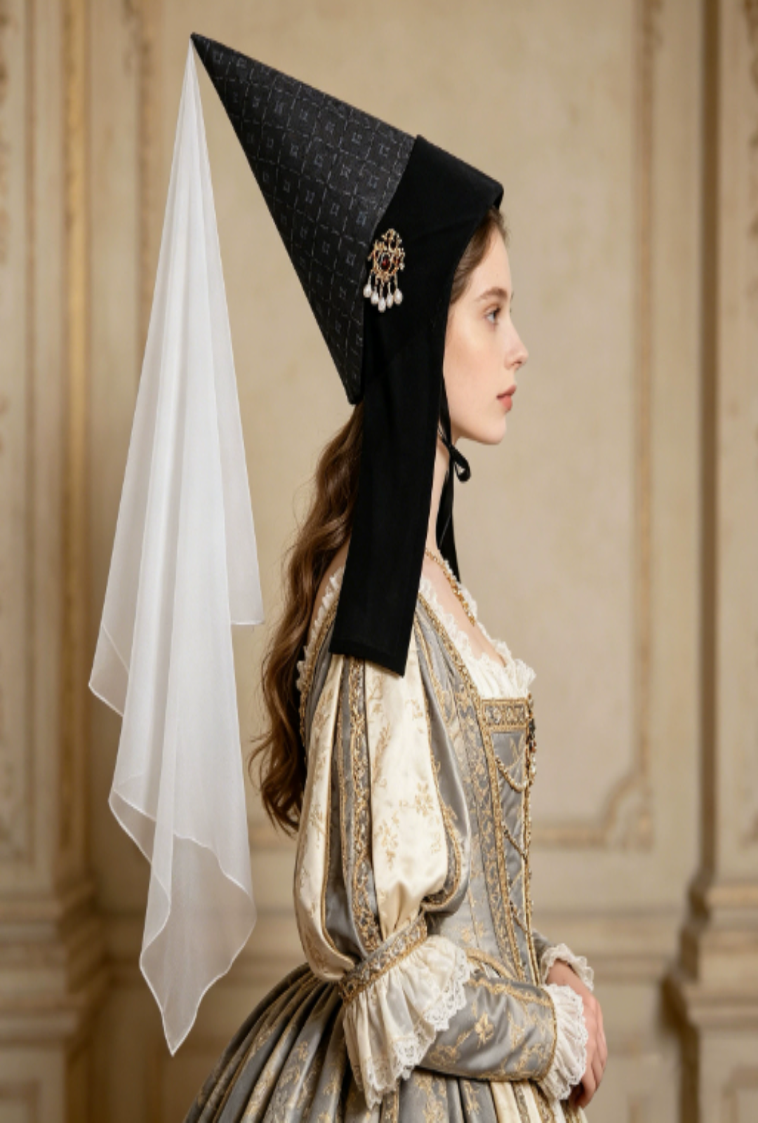 A woman in profile wearing a medieval-style black and white bonnet with a white veil and an ornate beige and gold gown, set against a classical stone column background.