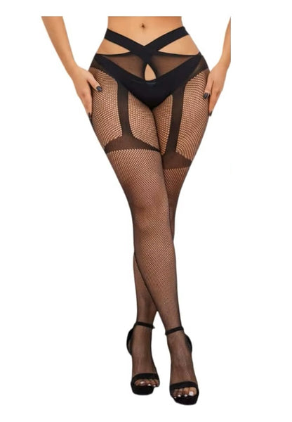 Open Back Fishnet Tights with Faux Garter Straps