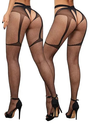 Open Back Fishnet Tights with Faux Garter Straps