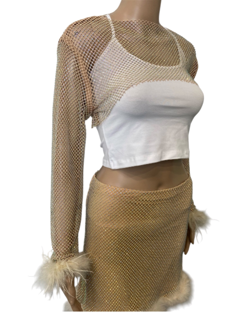 Tan Crystal Ultra-Cropped Shrug Top with Fluffy Trim