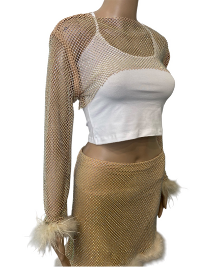 Tan Crystal Ultra-Cropped Shrug Top with Fluffy Trim
