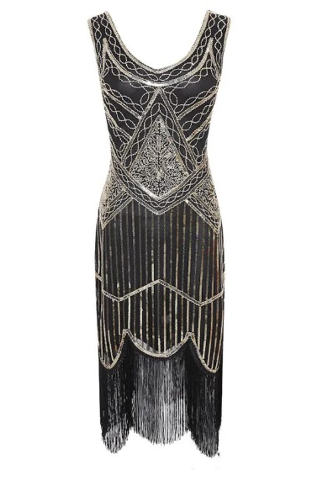 Black, Gold and Beige Sequined 1920's Gatsby Dress