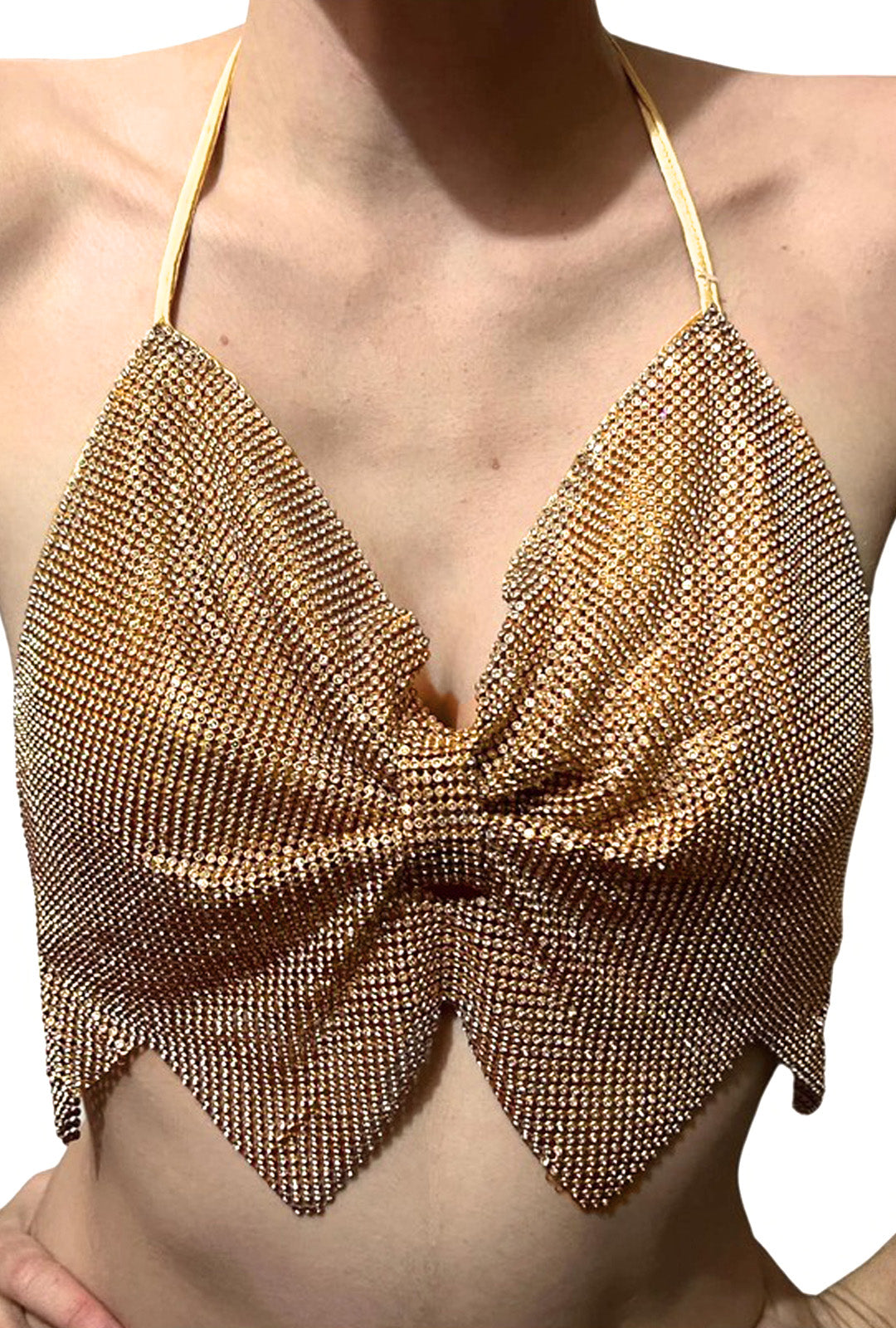 Gold Rhinestone Metal Mesh Bow Crop Top