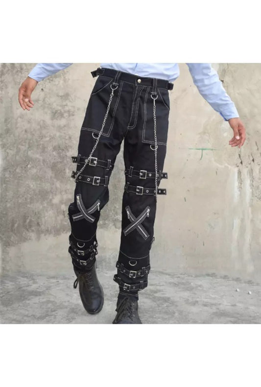 Black Zipper Bondage Pants with Buckle Straps