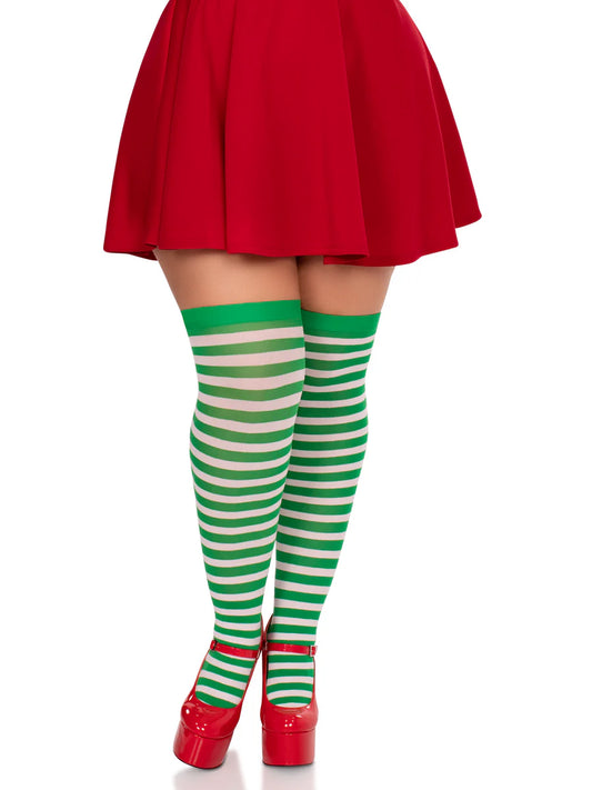 Plus Size Green and White Striped Thigh Highs