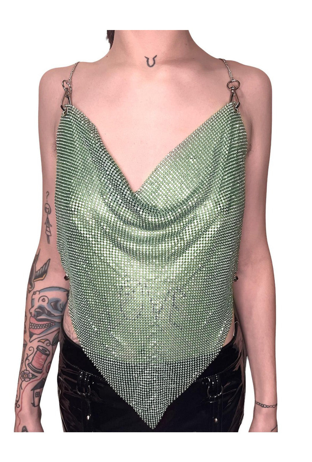 Green Rhinestone Eyelet Mesh Mesh Top