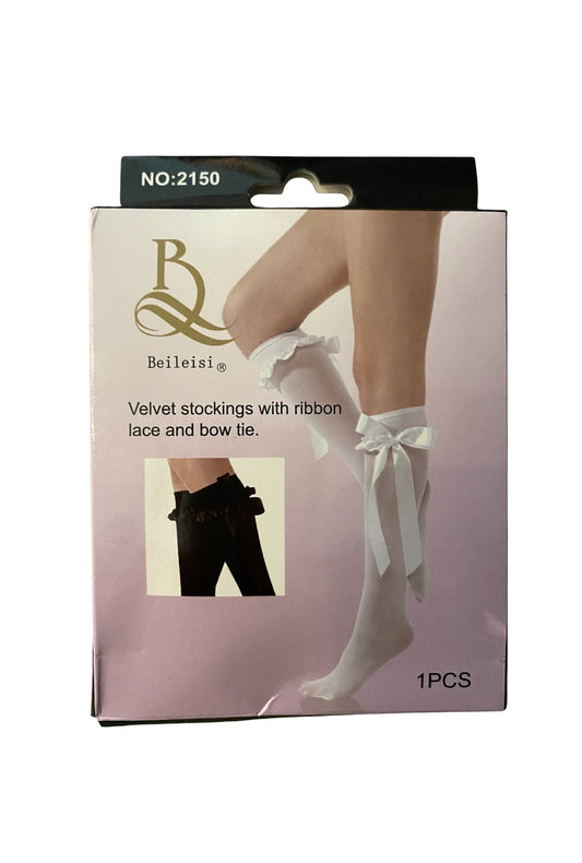 White Nylon Knee Highs with White Bows
