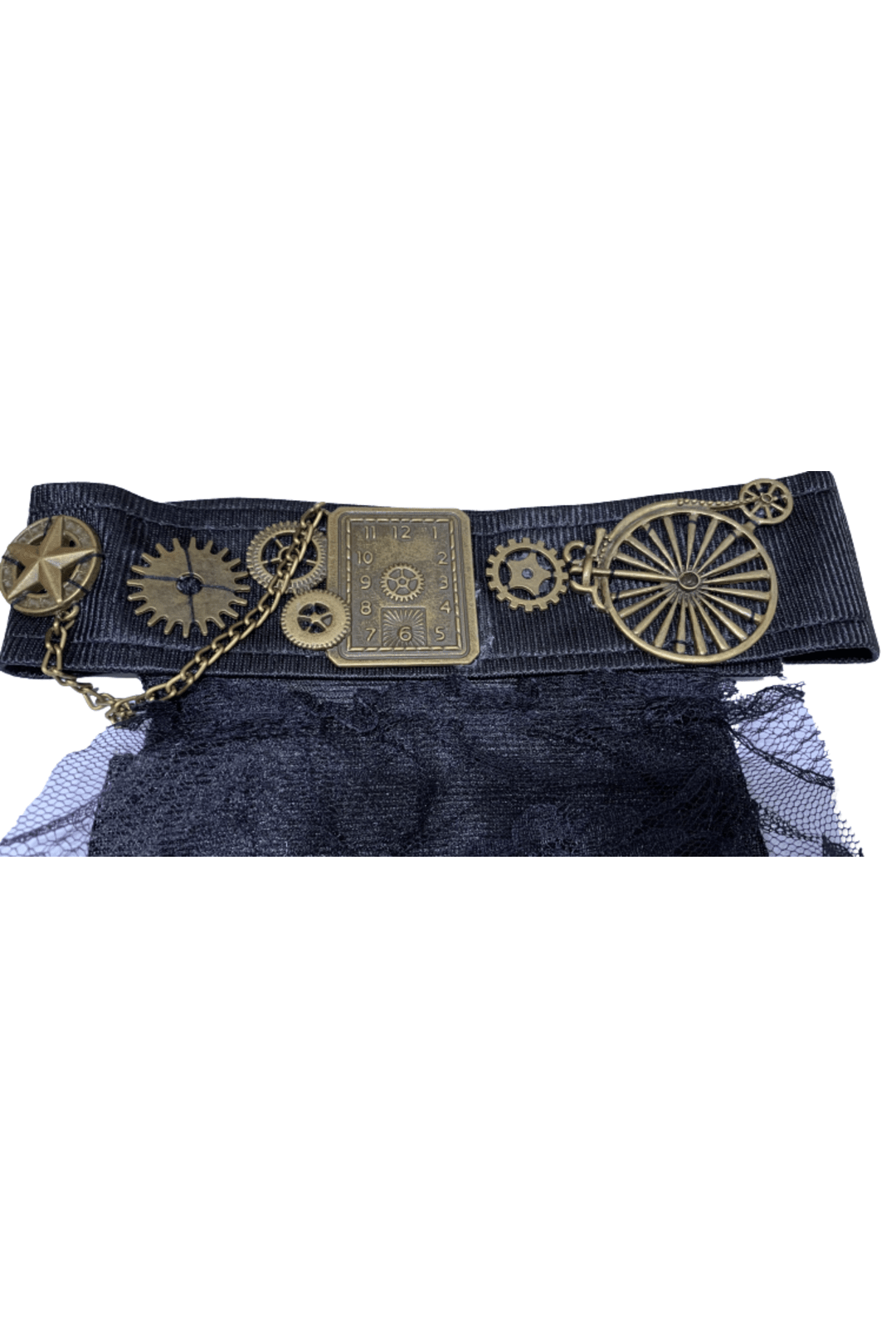 Black Steampunk Jabot Collar with Bronze Clock