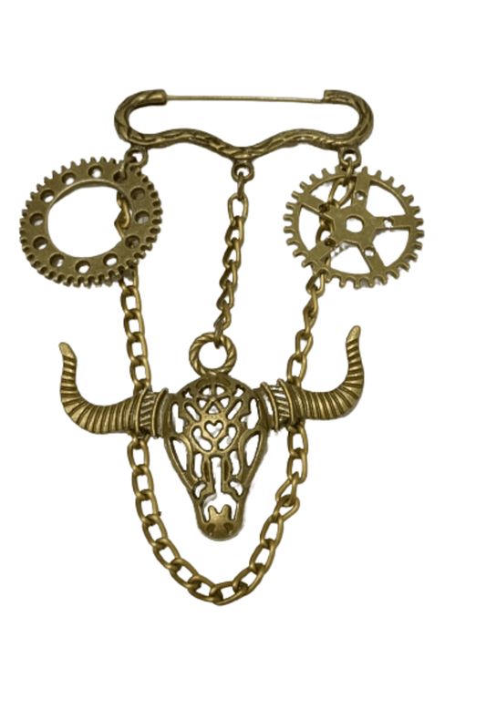 Steampunk Bull Skull and Gears Pin