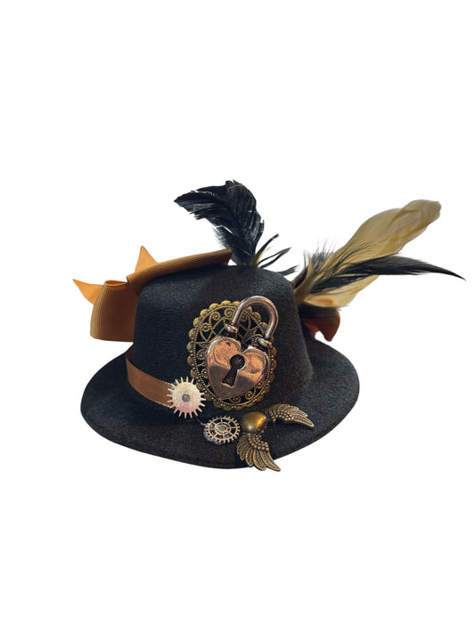 Mini Black Steampunk Hat wth Locket And Bow
