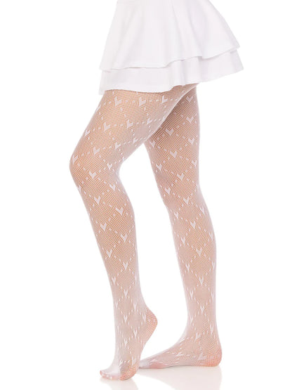 White Love Struck Heart Fishnet Tights