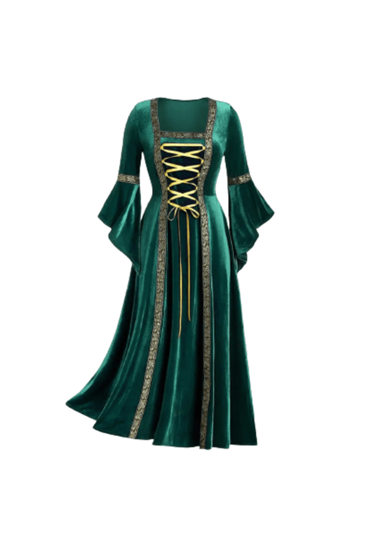 Dark Green Medieval Velvet Dress With Gold Trim Detail