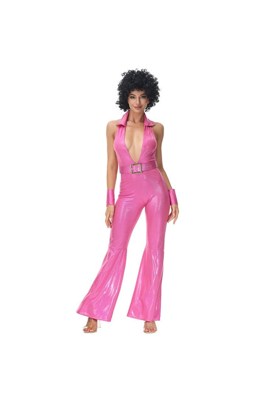 Pink 70s Halter Neck Disco Jumpsuit