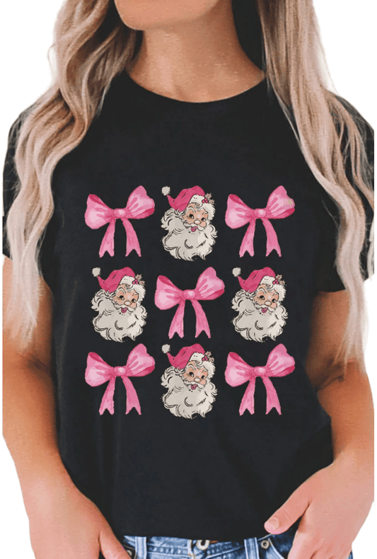 Black & Pink Bow Santa Christmas T-Shirt