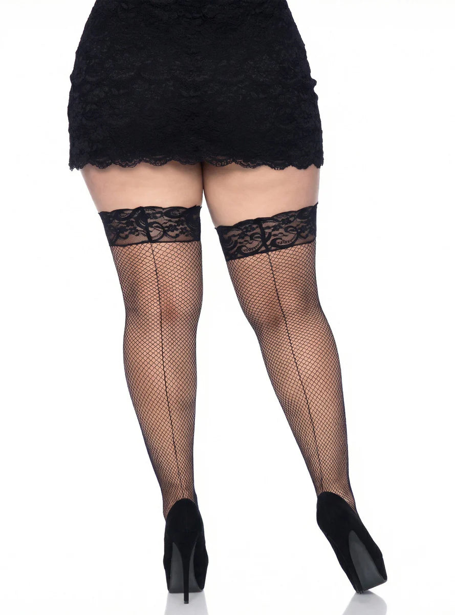 Plus Size Lace Top Fishnet Thigh Highs With Backseam