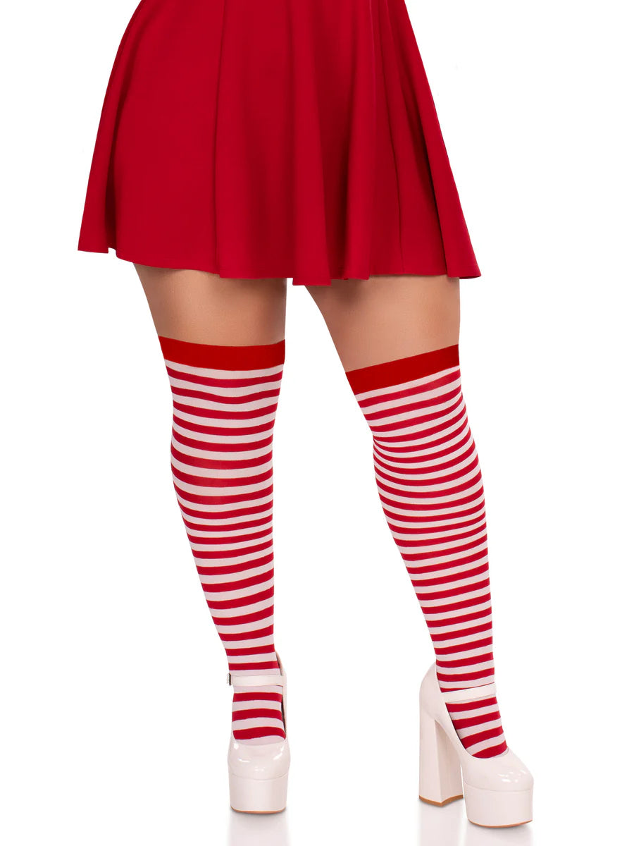 Plus Size Red and White Striped Thigh Highs