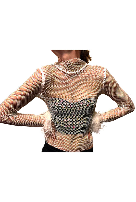 White Crystal Long Sleeve Top with Fluffy Wrist