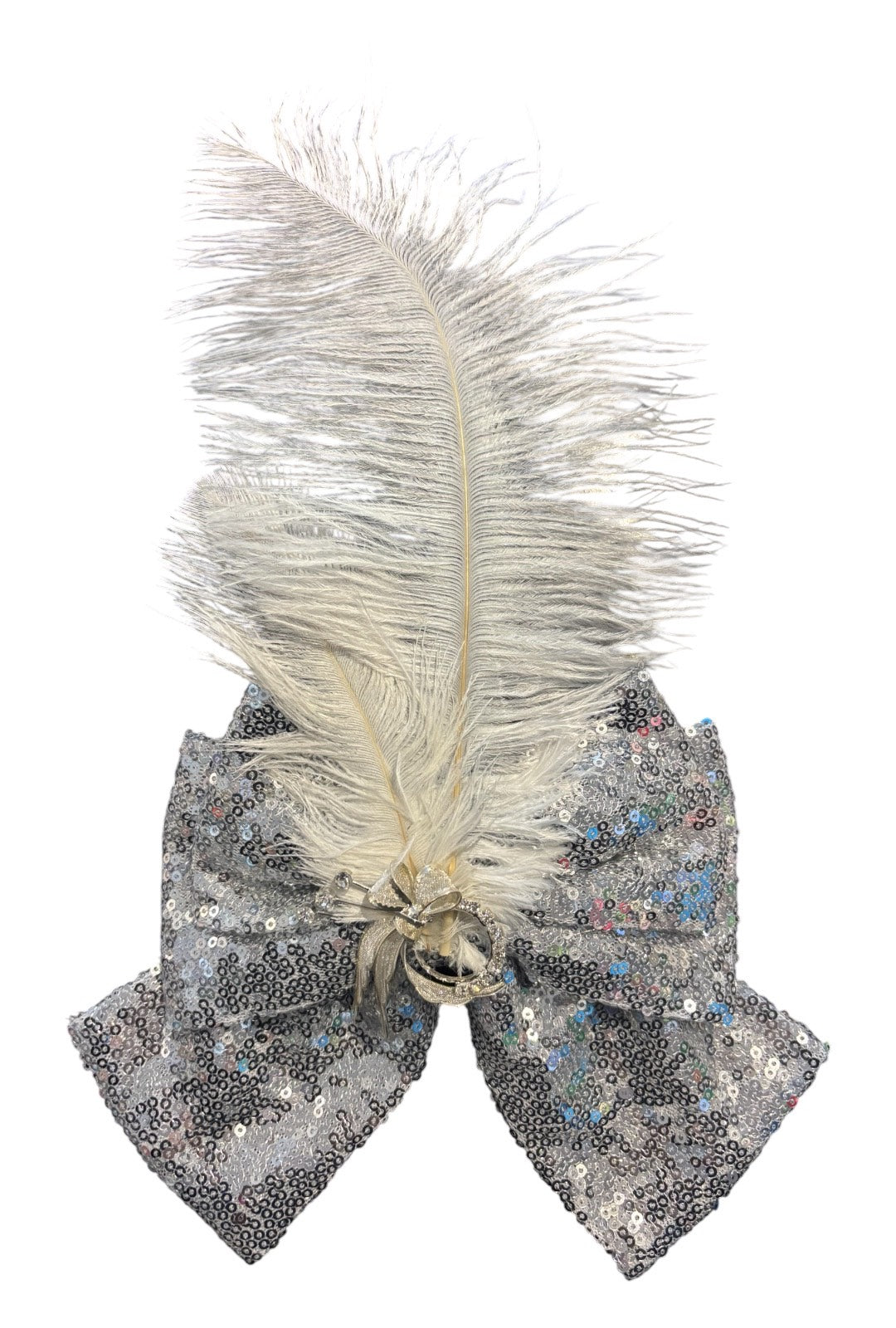 Silver Sequin Bow With Feather