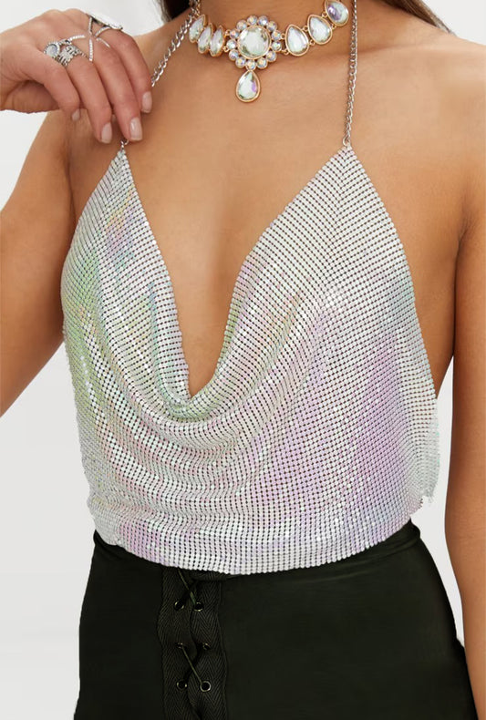 White Iridescent Metal Mesh Crop Top