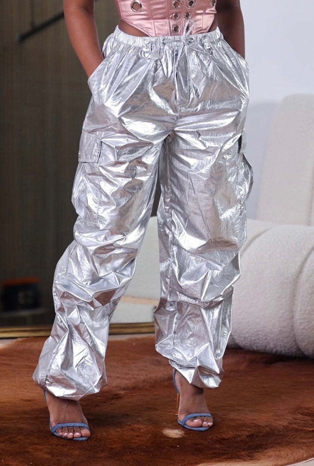 Metallic Silver Oversized Pants