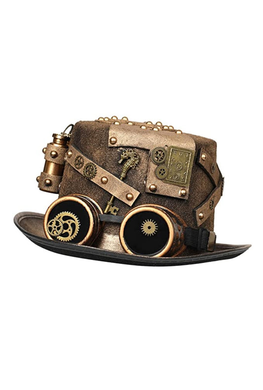 Steampunk Black & Gold Hat with Cogs and Goggles FF