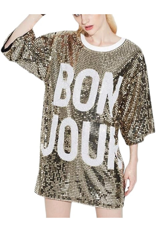 Gold Bon Jour Sequin T-Shirt Dress