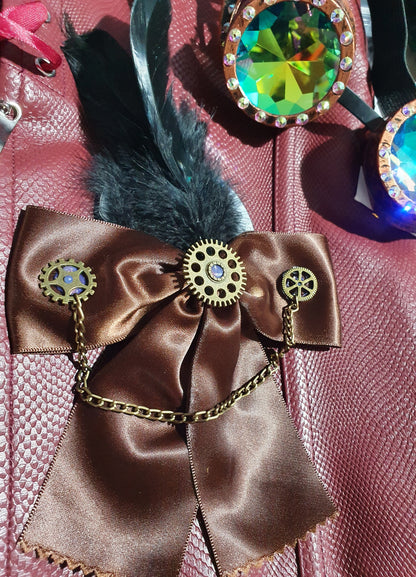 Steampunk Brown Hair Bow with Bronze Cogs and Chain