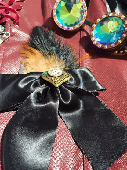 Steampunk Black Hair Bow with Bronze Heart