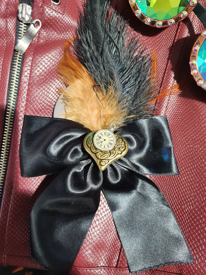 Steampunk Black Hair Bow with Bronze Heart