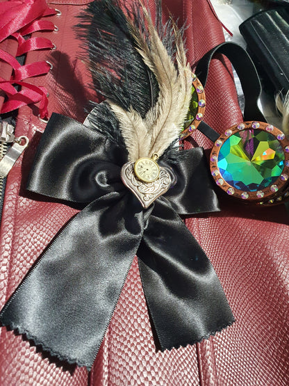 Steampunk Black Hair Bow with Silver Heart