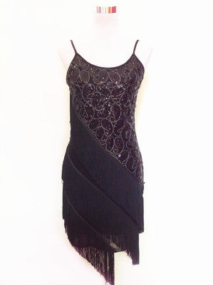 Black on Black Paisley and Diagonal Fringe 1920s Dress