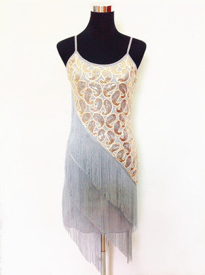 Silver Paisley and Diagonal Fringe 1920s Dress