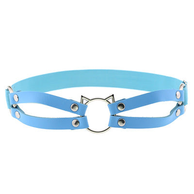 Baby Blue PU Leather Leg Garter with Cat O-Ring
