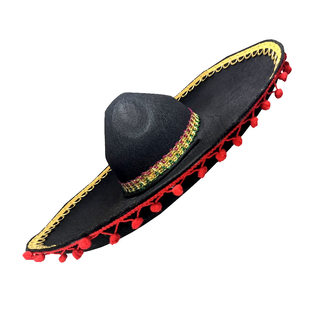 Black Mexican Hat with Red Pom Pom Trim