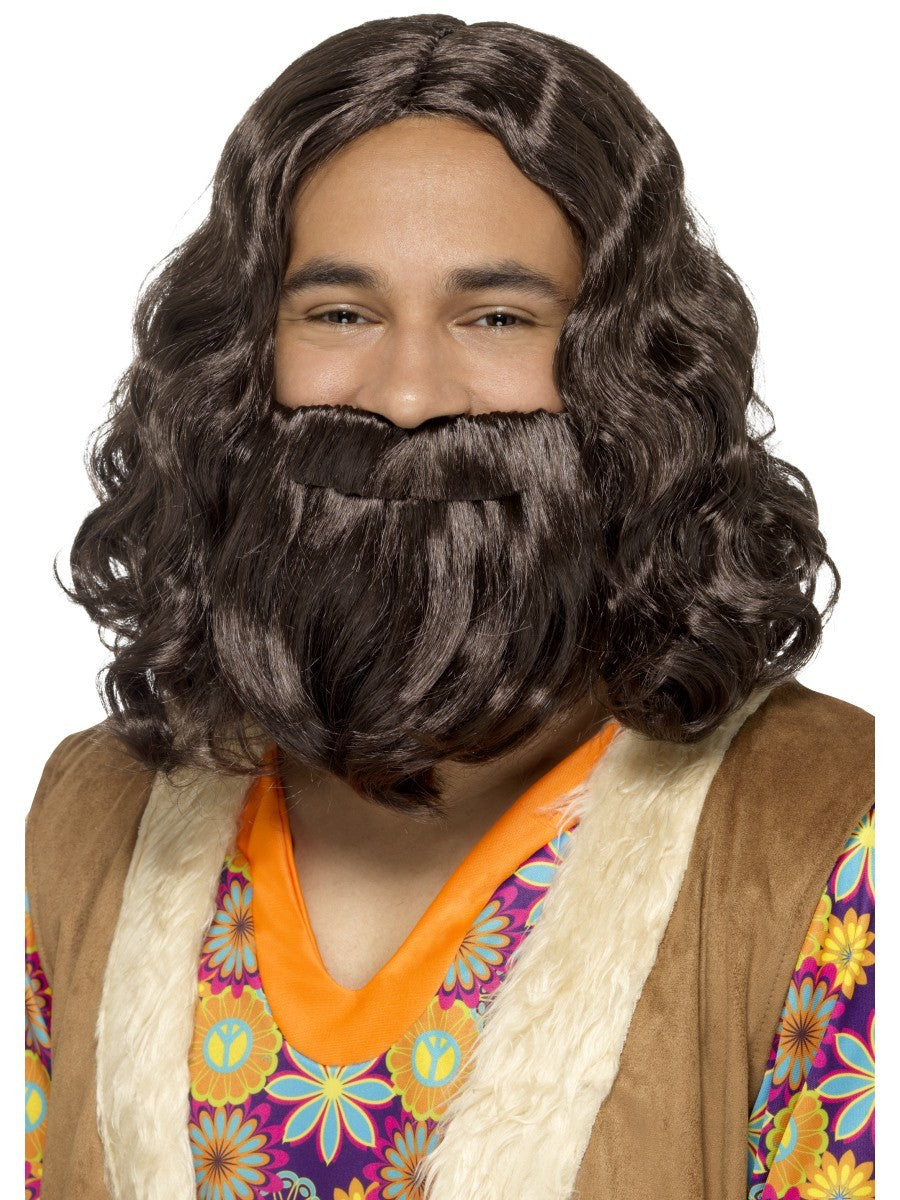 Men's Hippie Wig and Beard Dark Brown