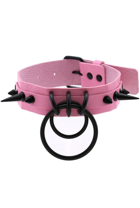 Light Pink and Black Spiked Choker with Ring