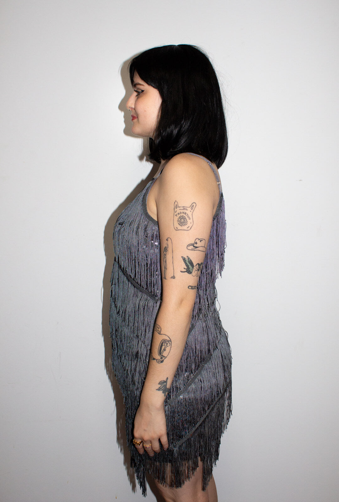 Dark Silver Diagonal Fringe Sequined Flapper Dress