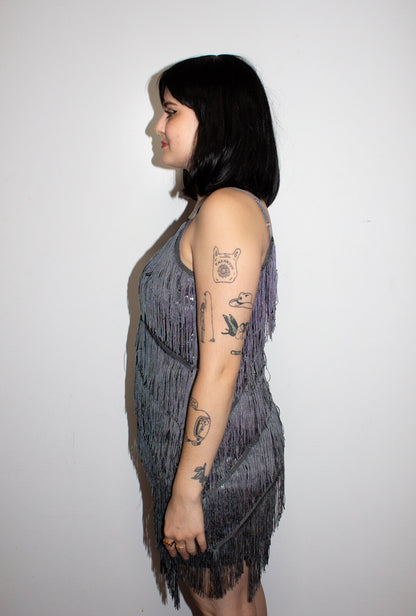 Dark Silver Diagonal Fringe Sequined Flapper Dress