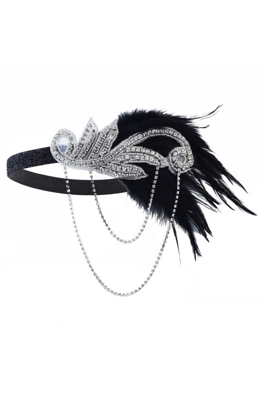 Silver Jewelled Black Feather Headband