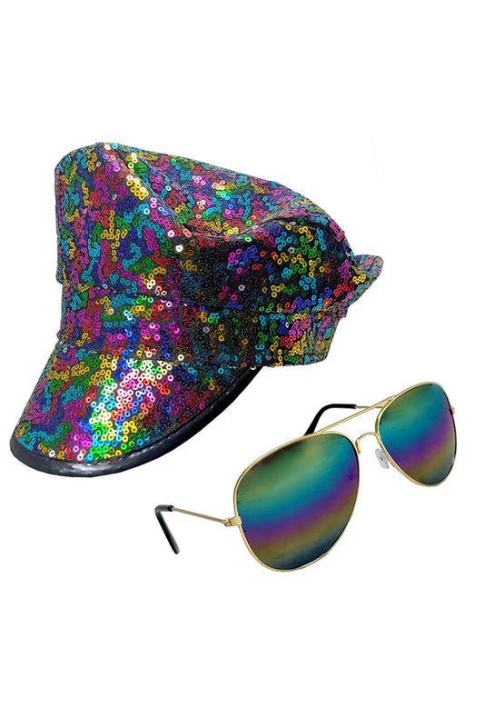 Rainbow Sequin Cap with Aviator Glasses