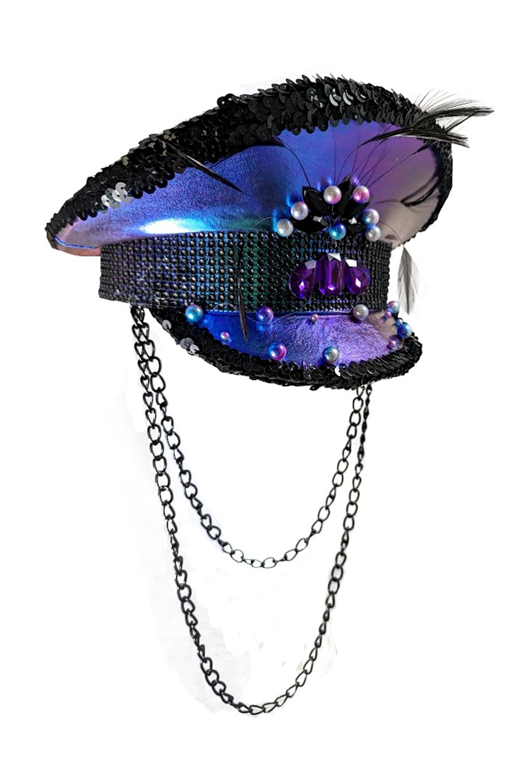 Purple & Black Festival Hat with Long Chain