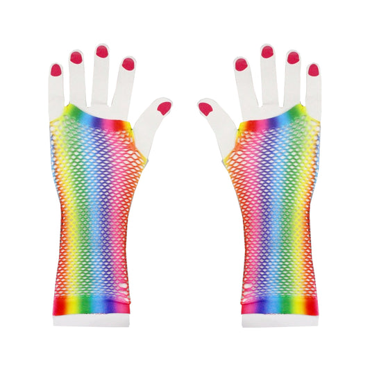 Long Pastel Rainbow Fishnet Gloves