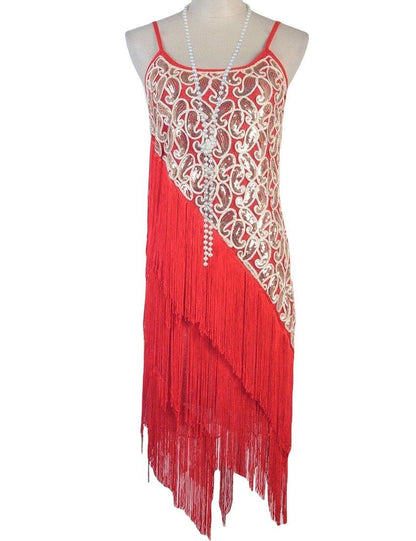 Red Paisley and Diagonal Fringe 1920s Dress