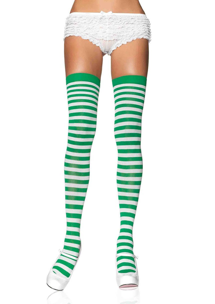 Green and White Striped Thigh Highs