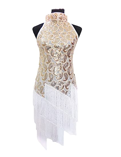 White High Neck Sequin Paisley Fringed 1920's Dress