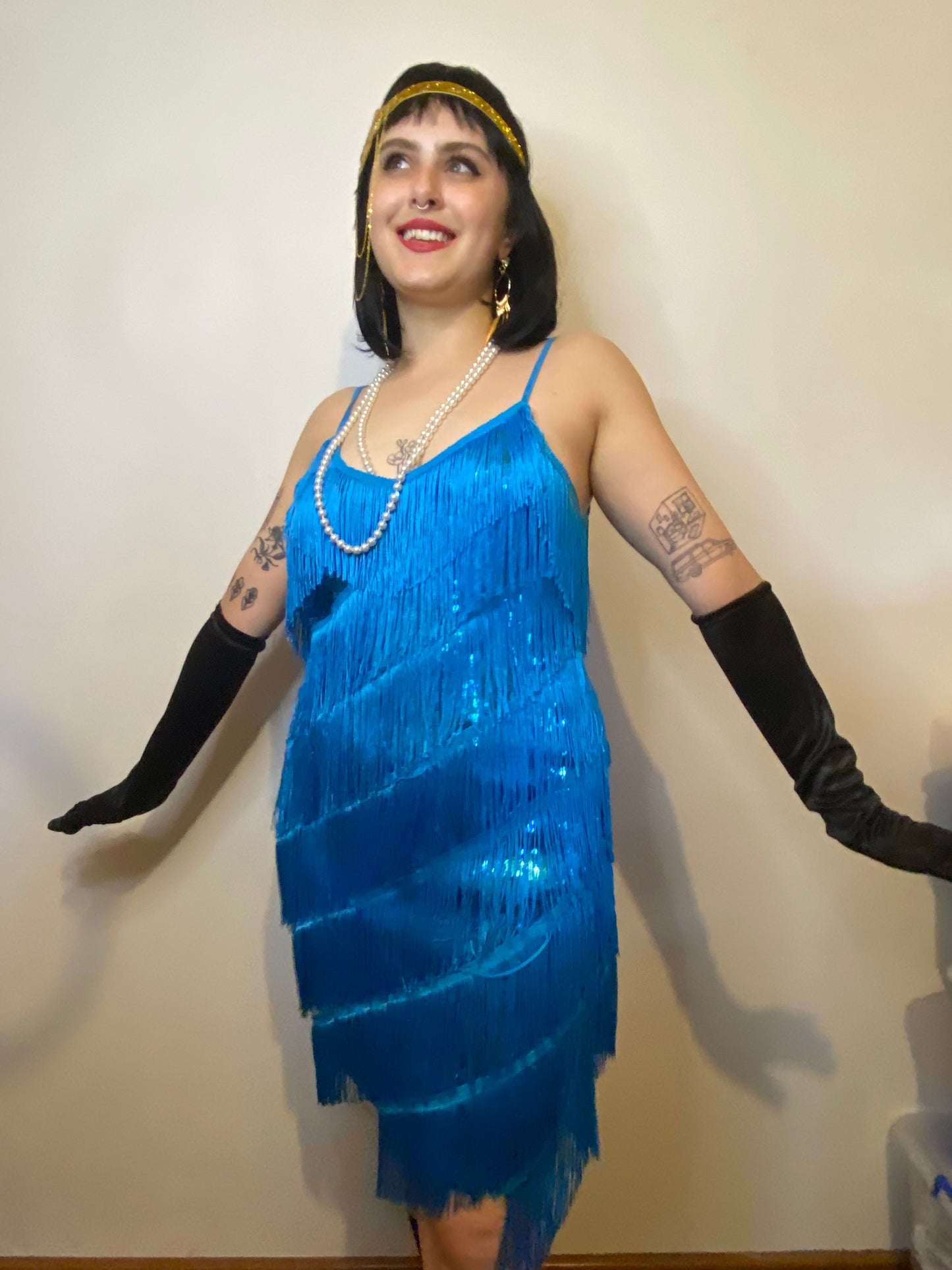 Aqua Blue Diagonal Fringe Sequined Flapper Dress