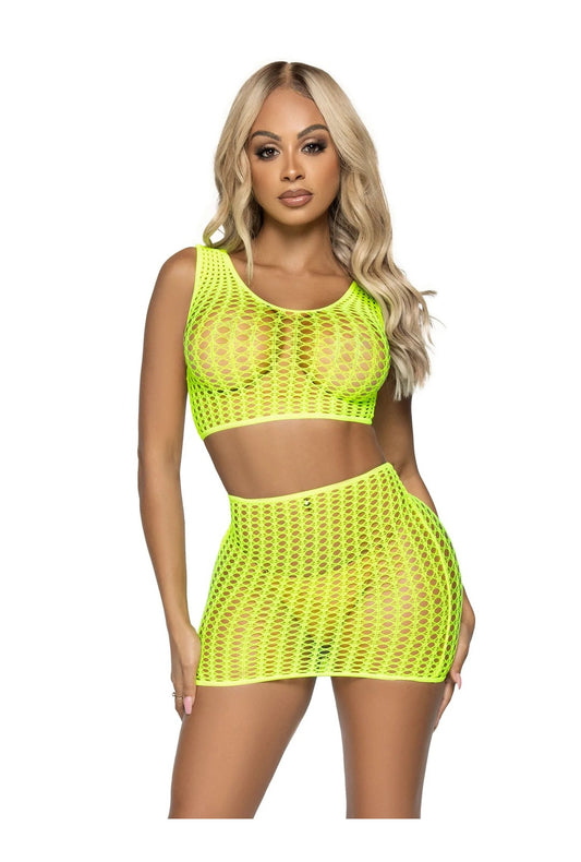 Neon Yellow Crochet Net Crop Top & Skirt
